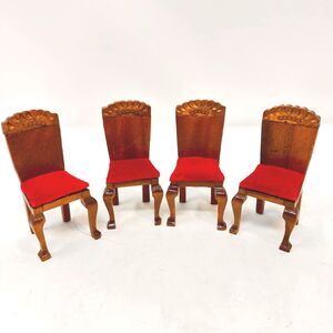Vtg 1:12 Dollhouse Miniature Wood Dining Chairs Red Velvet Upholstery Set of 4